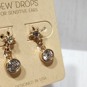 Dew Drops Gold Tone Star Top Round Cubic Zirconia Drop Stud Earrings New